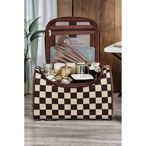 Checkered PU Leather Zipper Makeup Bag