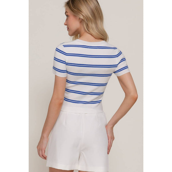 Short Sleeve Crew Neck Striped Sweater