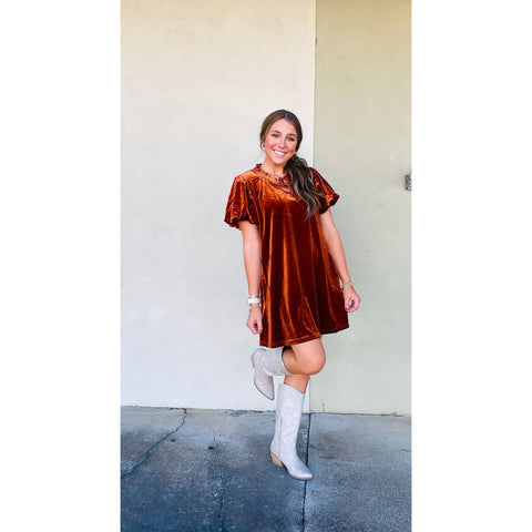 Rust Puff Sleeve Velvet  Mini Dress