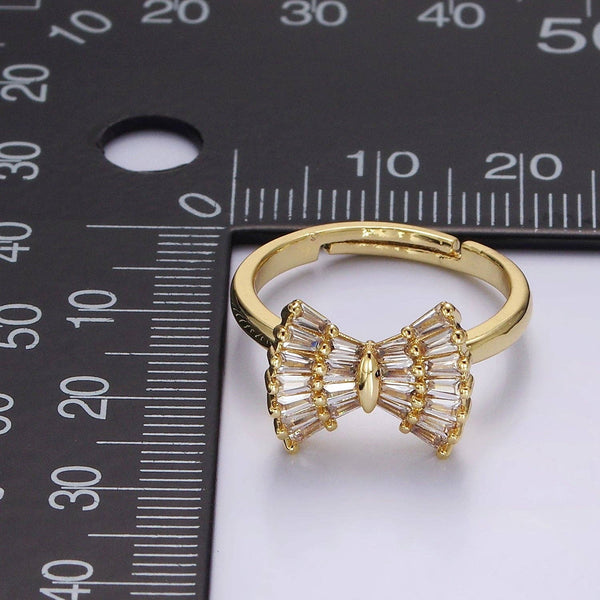 14K Gold Filled Clear Baguette Bow Ribbon Adjustable Ring
