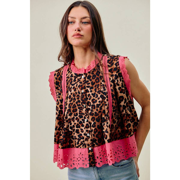 So Me - LEOPARD BUTTON UP PLEATED SLEEVELESS BLOUSE TOP