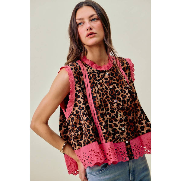 So Me - LEOPARD BUTTON UP PLEATED SLEEVELESS BLOUSE TOP