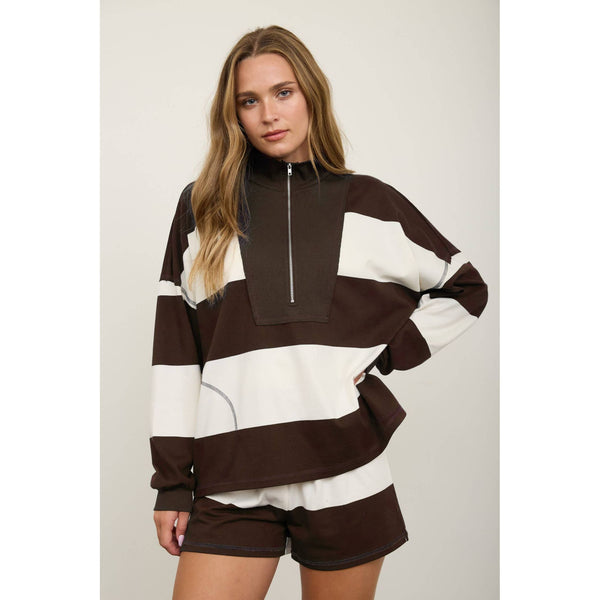 Wide Stripe Half Zip Top With Matching Shorts