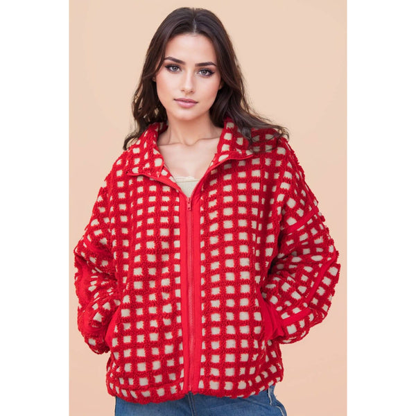 Oversized Checker Fleece Jacket