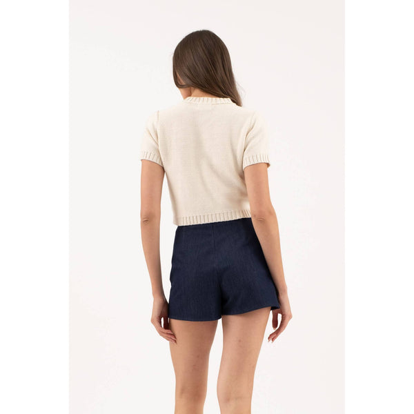 Cream Knit Short Sleeve Sweater with Gold Buttons