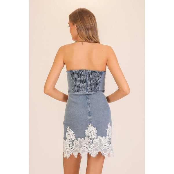 Lace Trim Denim Strapless Mini Dress