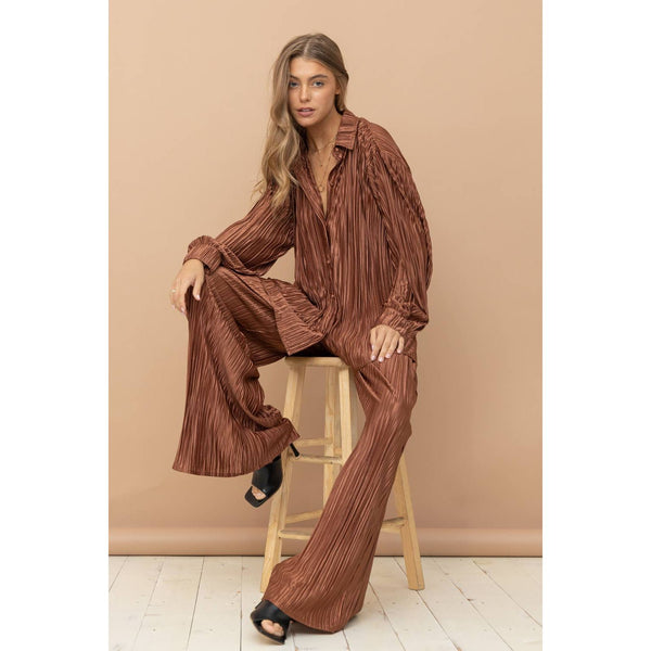 Accordion Pleat Button Blouse Pant Lounge Set