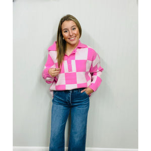 Checkerboard Collared Drop Shoulder Sweater