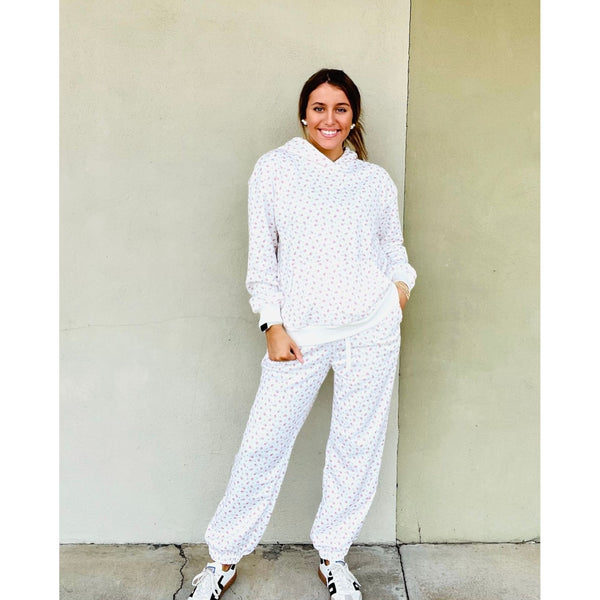 Floral Print Kangaroo Pocket Hoodie Sheath Sweatpants Set