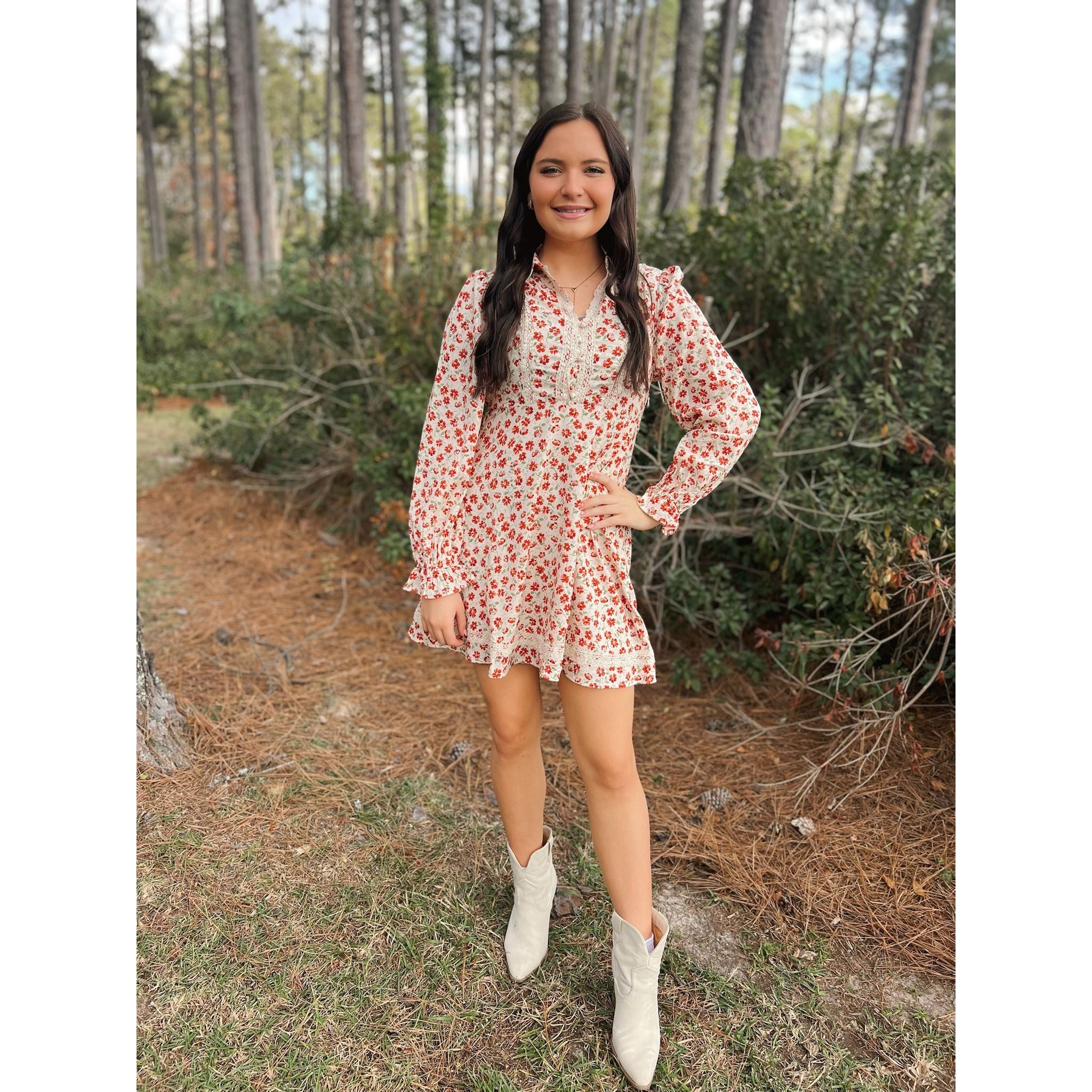 Floral Printed Lace Trim Collared Mini Dress