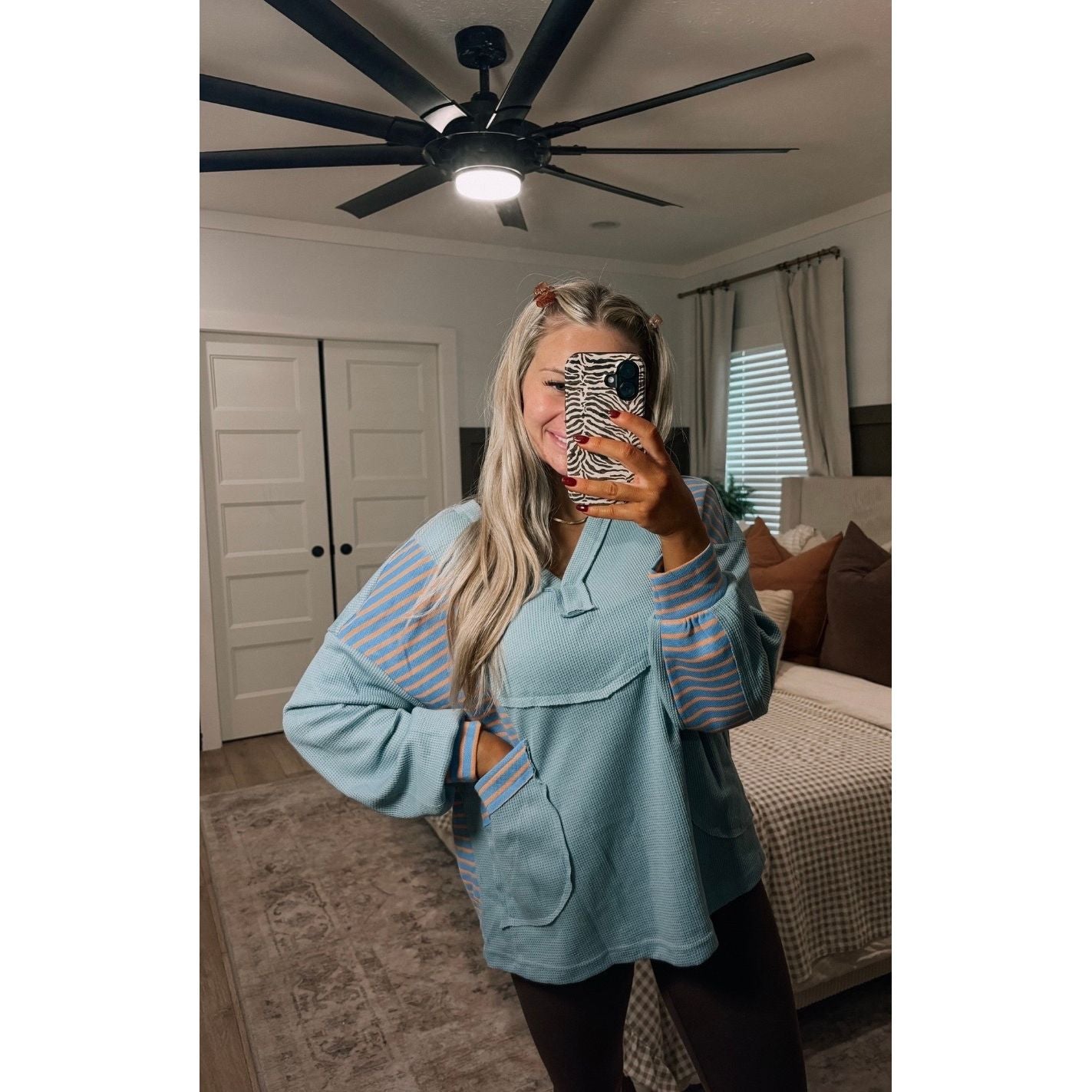 Exposed Seam Waffle Striped Patchwork Baggy Pullover