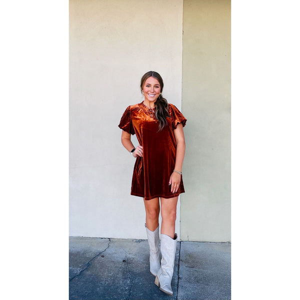 Rust Puff Sleeve Velvet  Mini Dress