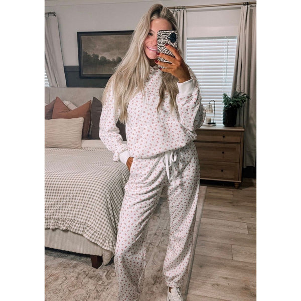 Floral Print Kangaroo Pocket Hoodie Sheath Sweatpants Set