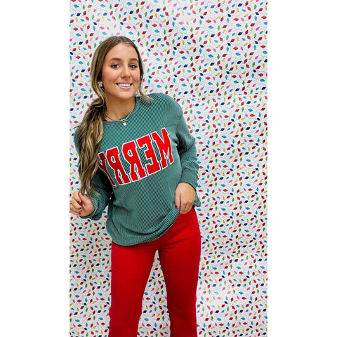 Twisted Rib Outlined Merry Letter Graphic Long Sleeve Top