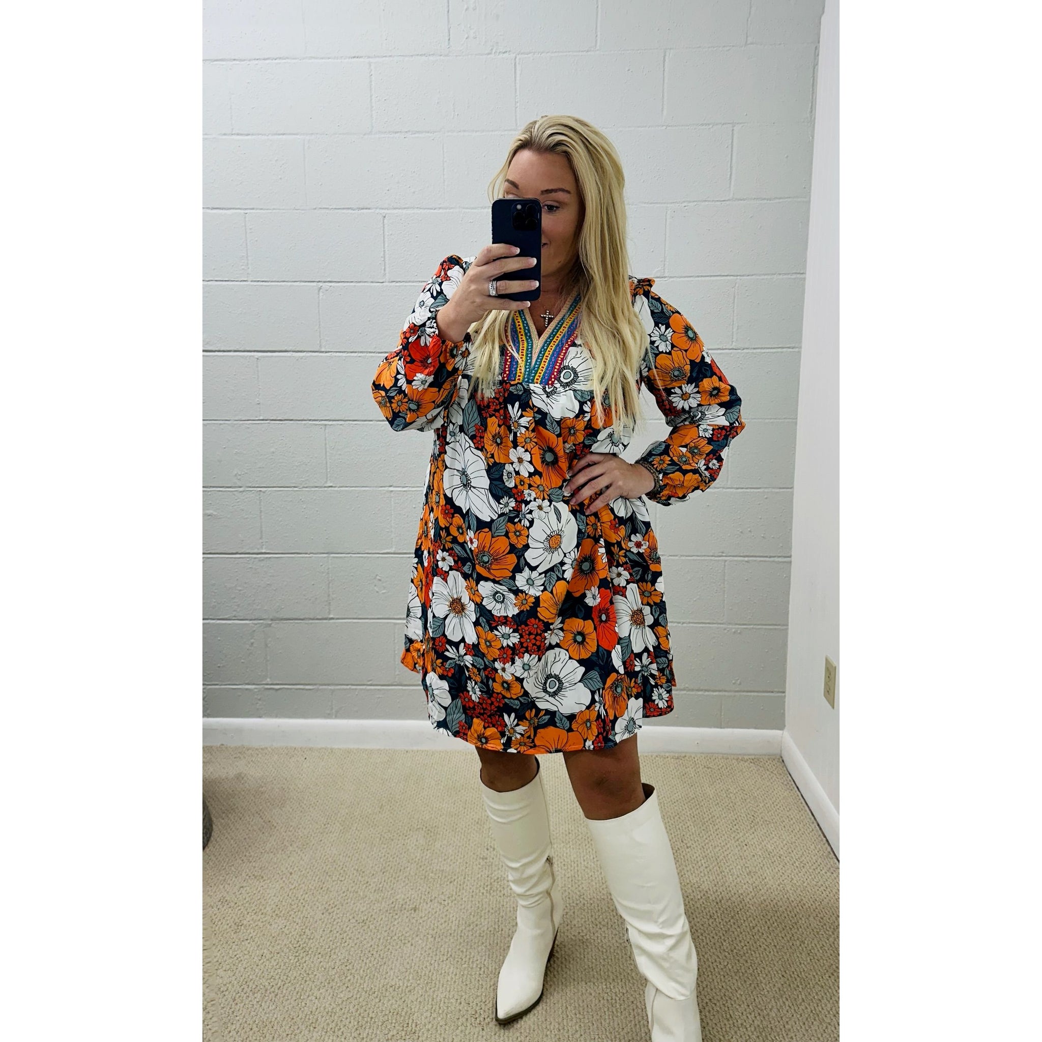 Floral Print Striped Lace V Neck Long Sleeve Mini Dress