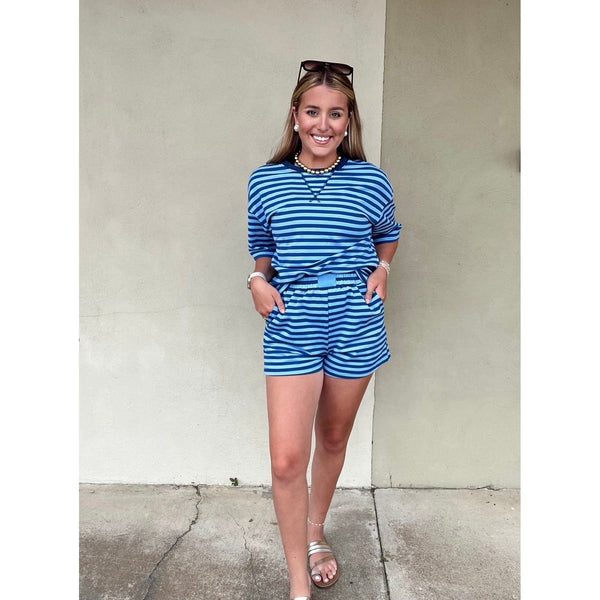 Stripe Short Sleeve Pullover Elastic Waist Short Set