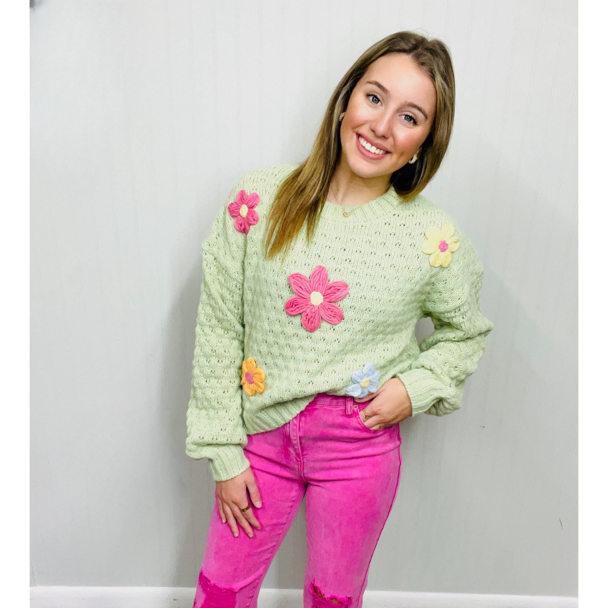 Flower Applique Knit Sweater Top