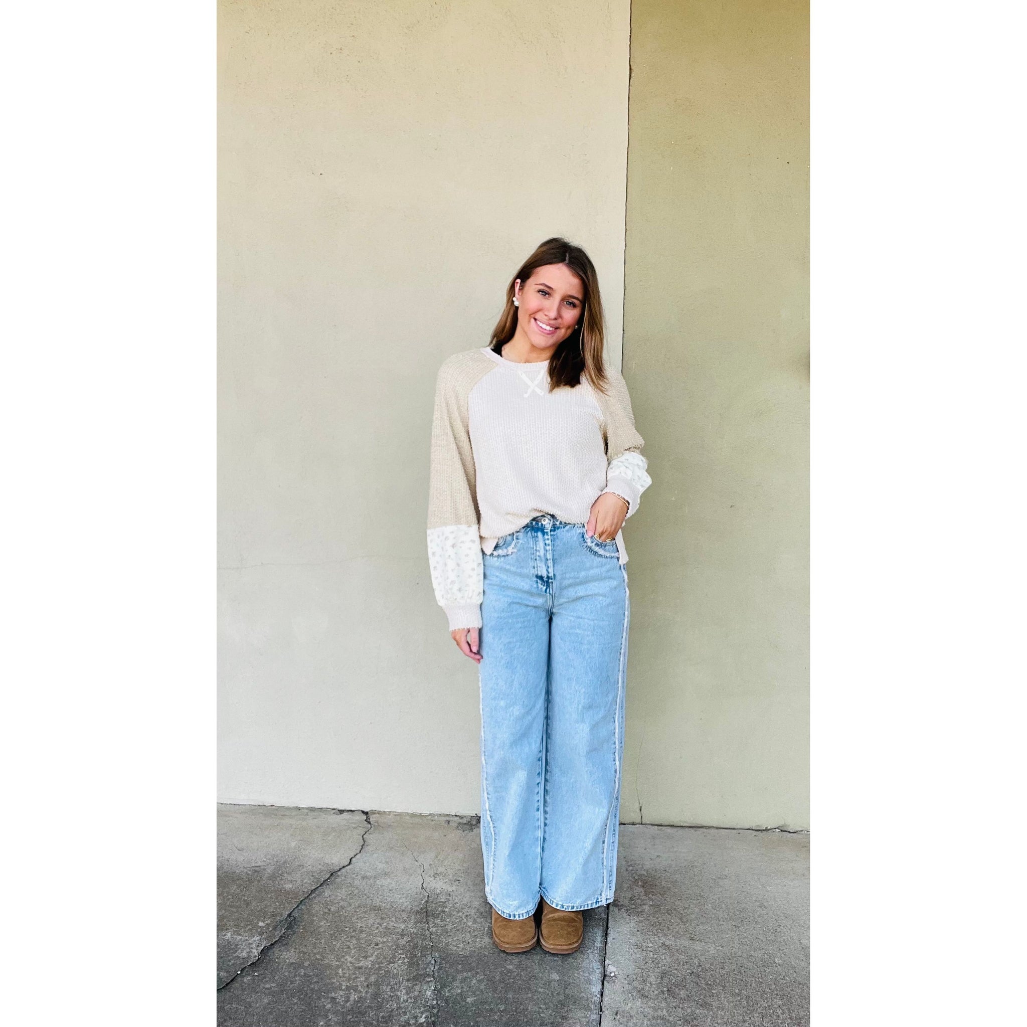 Raglan Sleeve Color Block Casual Textured Knit Top