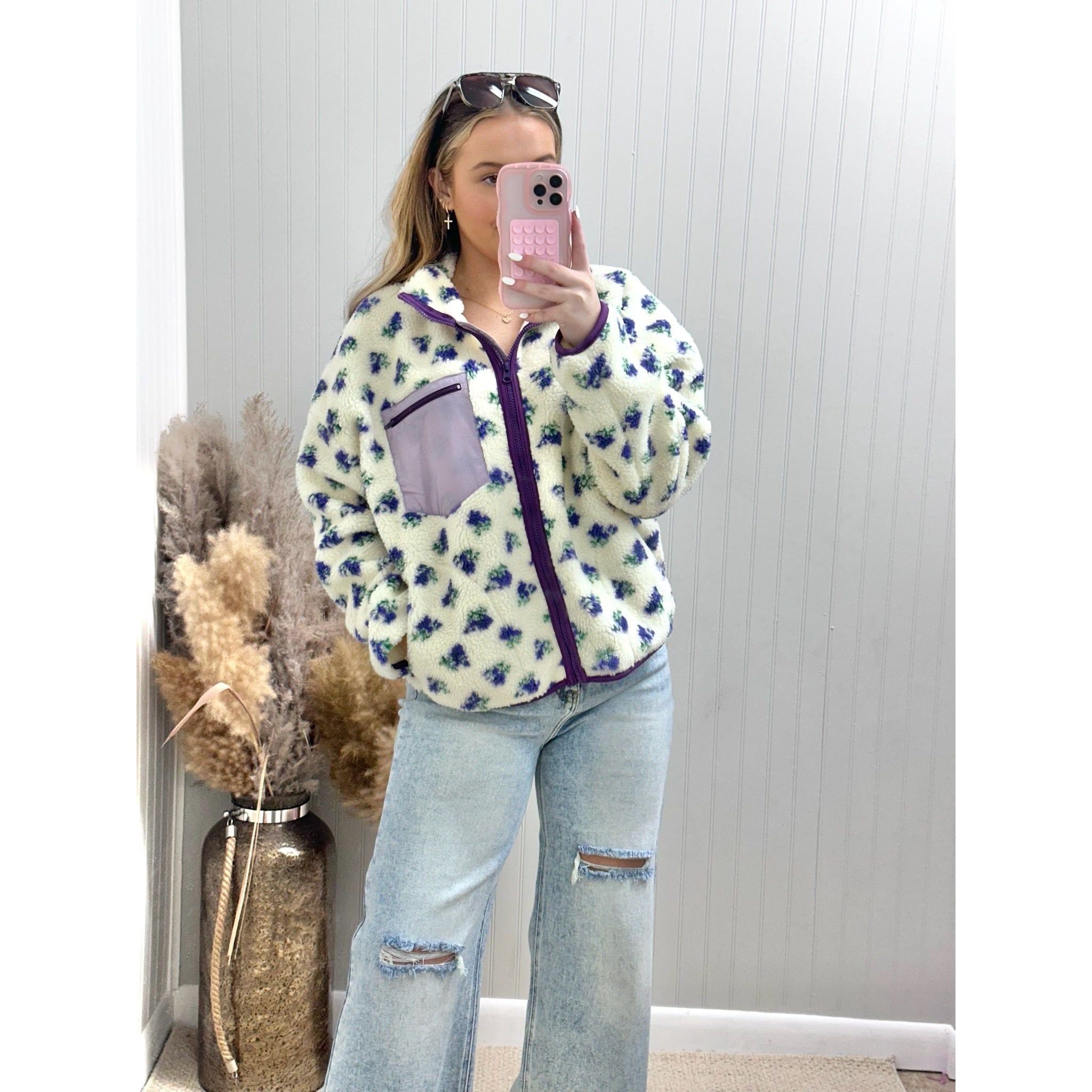 Floral Print Sherpa Jacket With Zipper