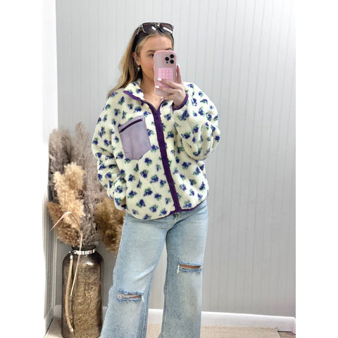 Floral Print Sherpa Jacket With Zipper