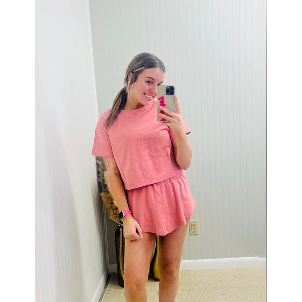 2Pc Cropped Tee and Ruffle High Waist Skort Set