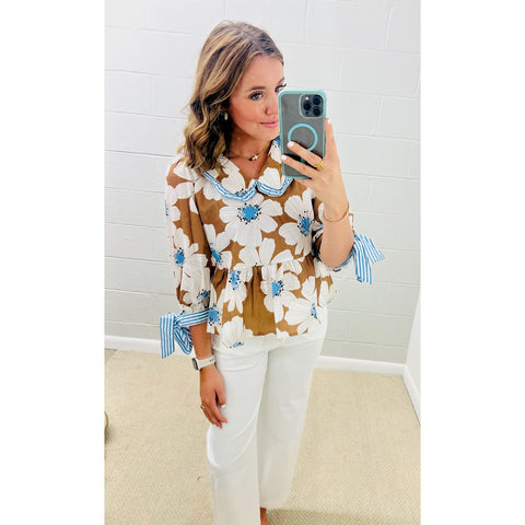 Floral Print Striped Tie Sleeve Collared V Neck Blouse