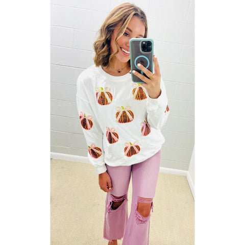 Sequin Bow Pumpkin Patched Cotton Baggy Sweatshirt