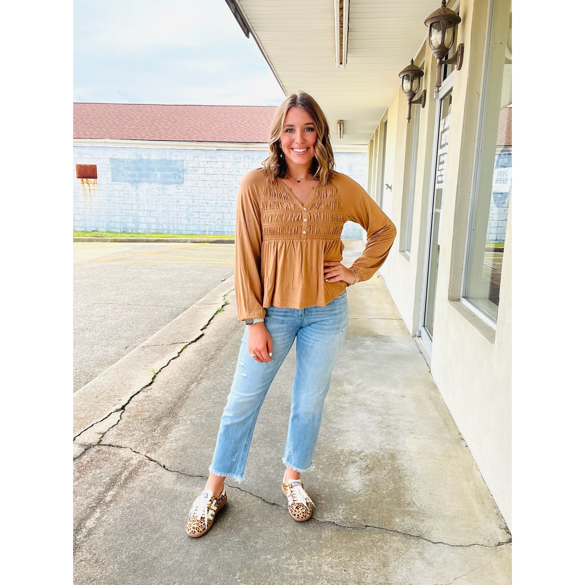 Smocked Bust Long Sleeve Top