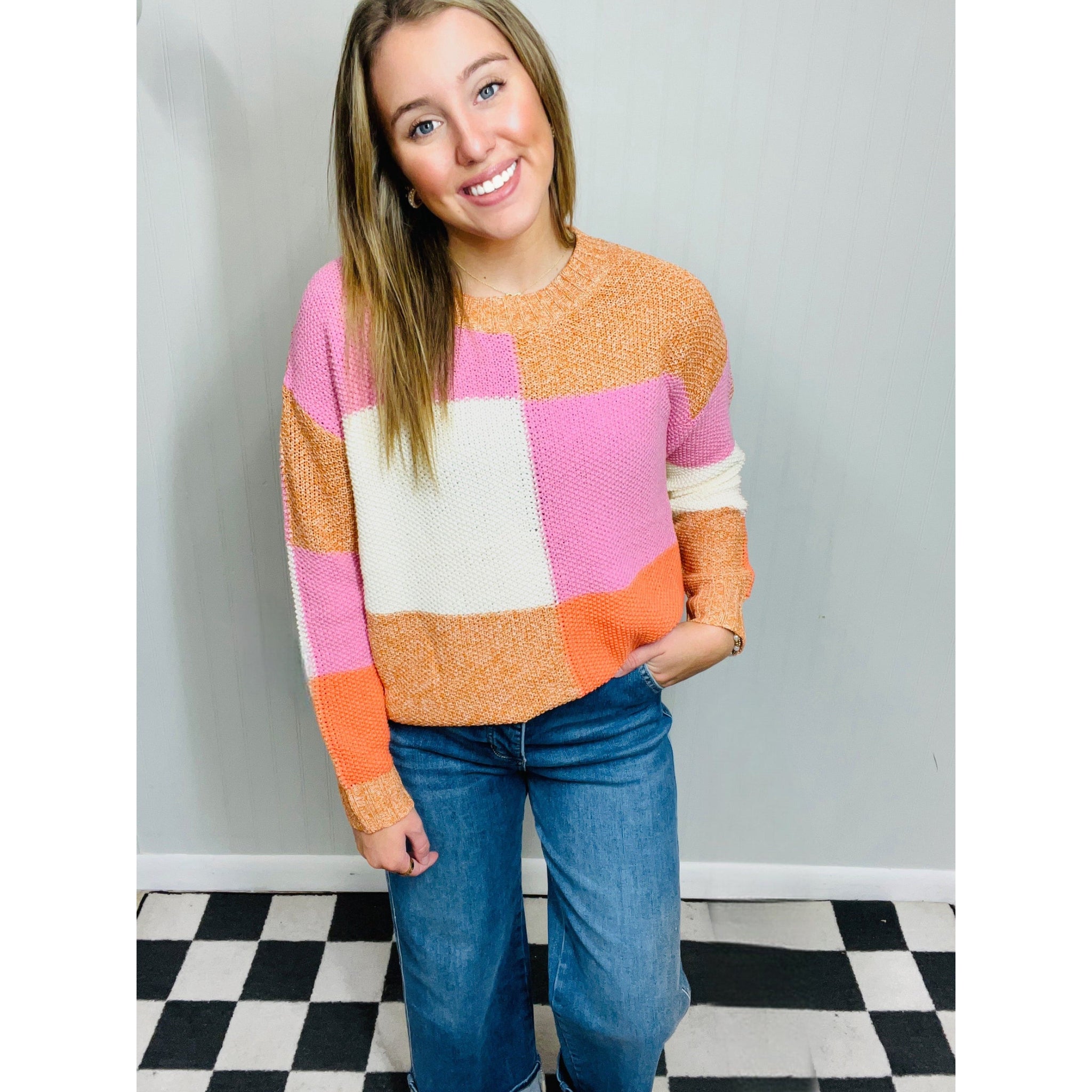 Knit ColorBlock Checkered Sweater