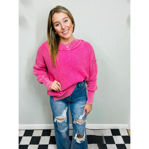 Hot Pink Side Slit Oversized Sweater