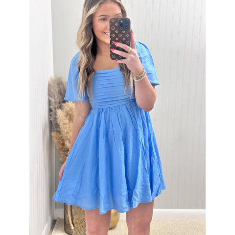 Puff Sleeve Mini Dress - Aqua Blue