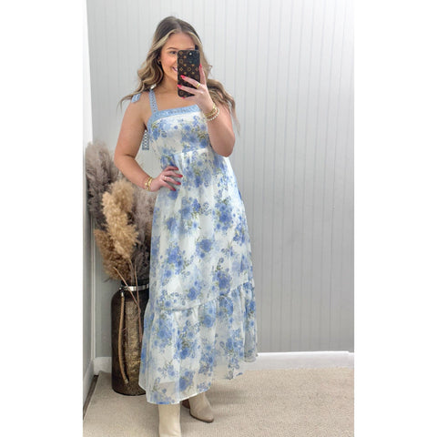 Crochet Lace Strap Maxi Dress - Blue Multi