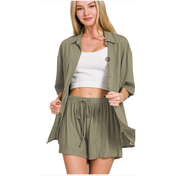 Linen Button Down Shorts Set