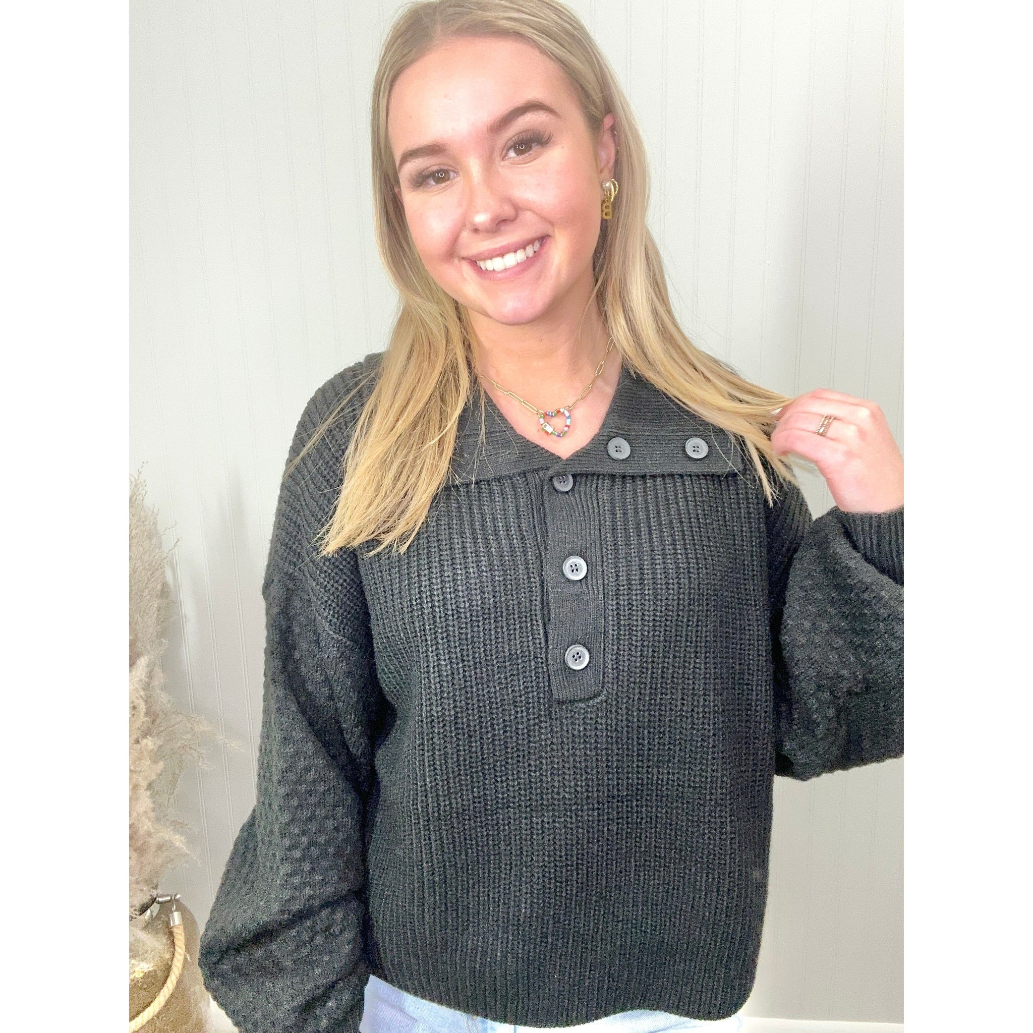 Black Wide Collar Button Front Sweater