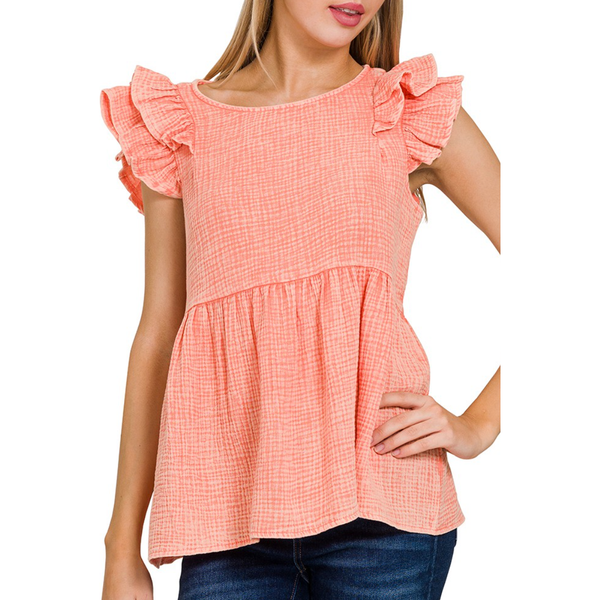 Double Tiered Washed Ruffle Sleeve Top