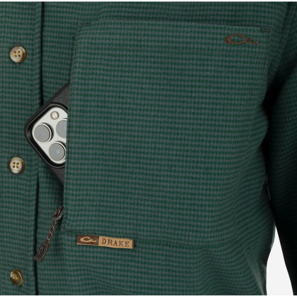 Drake Autumn Brushed Twill Houndstooth Button-Down Long Sleeve Shirt - Pine Needle