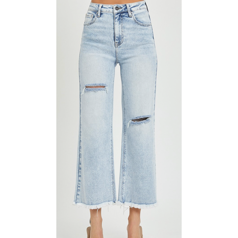 High Rise Crop Wide Frayed Jeans