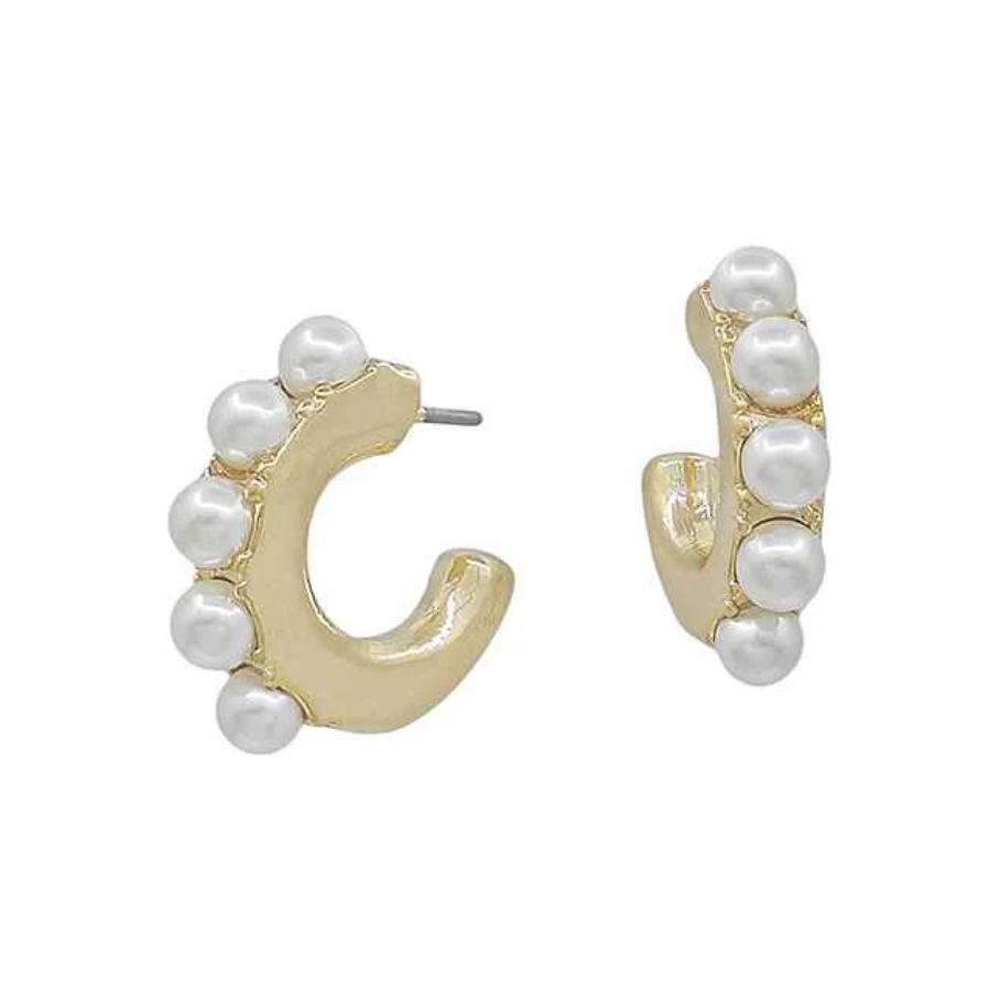 Pearl Studded .5" Gold Hoop Earring