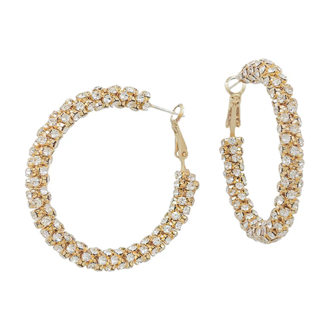 Gold Crystal Studded 1.8" Hoop Earring