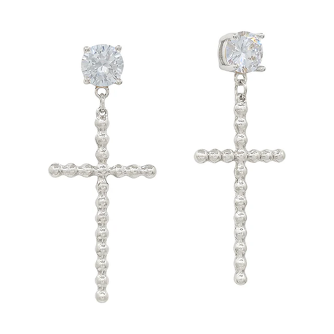 Water Resistant Crystal Stud with Silver Studded Cross 2" Earring