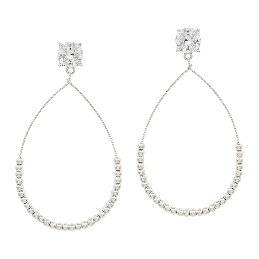 Water Resistant Crystal Stud with Silver Beaded Teardrop 2" Earring