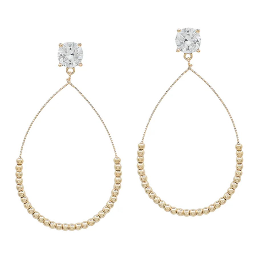 Water Resistant Crystal Stud with Gold Beaded Teardrop 2" Earring