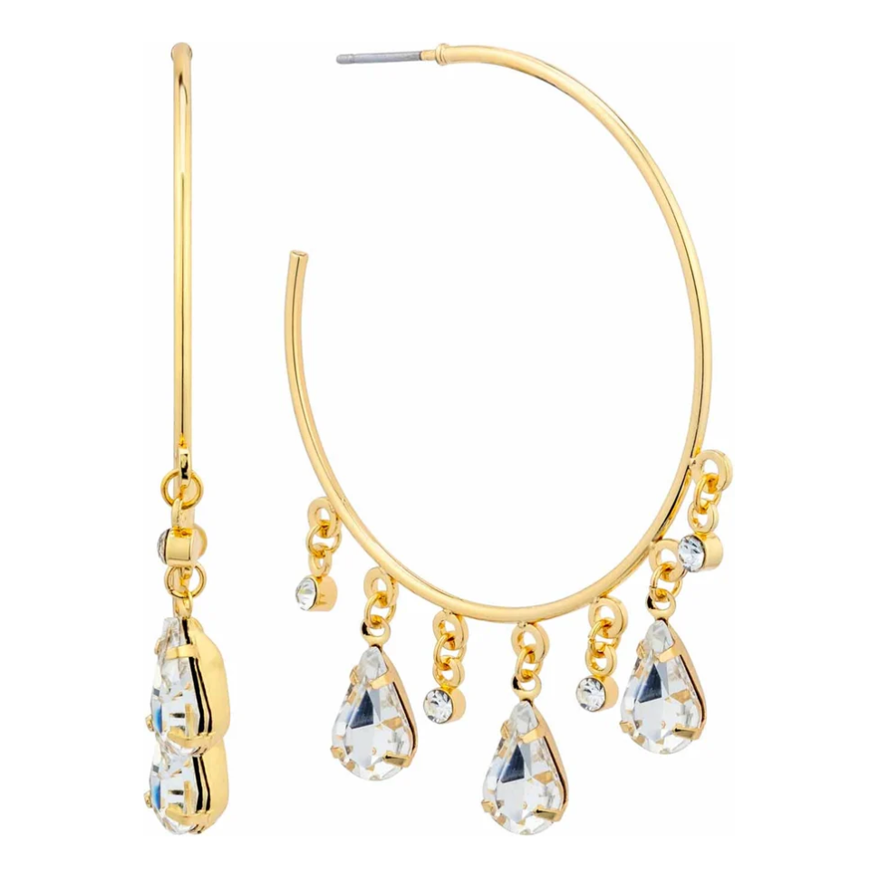 Gold and Crystal Charm 1.5" Hoop Earring