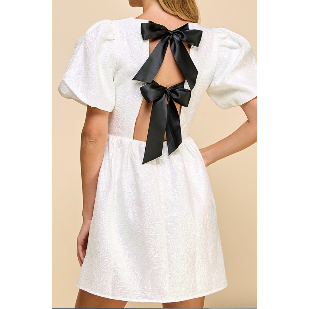 White Metallic Back Bow Detail Dress