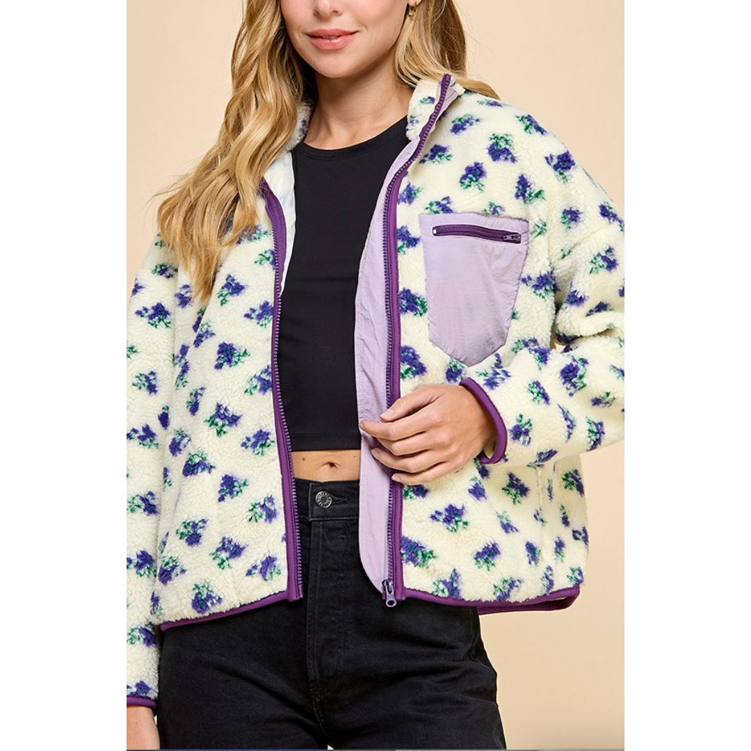 Floral Print Sherpa Jacket With Zipper