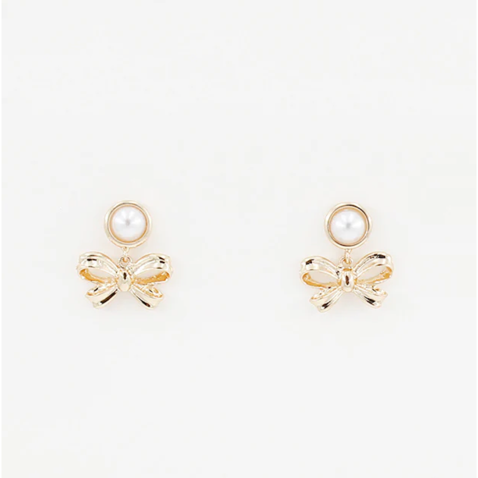 Pearl Stud with Gold Bow .75" Drop Earring