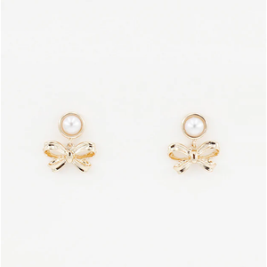 Pearl Stud with Gold Bow .75" Drop Earring