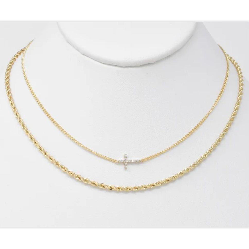 Gold Braided Chain with Rhinestone Cross Layered 16"-18" Necklace