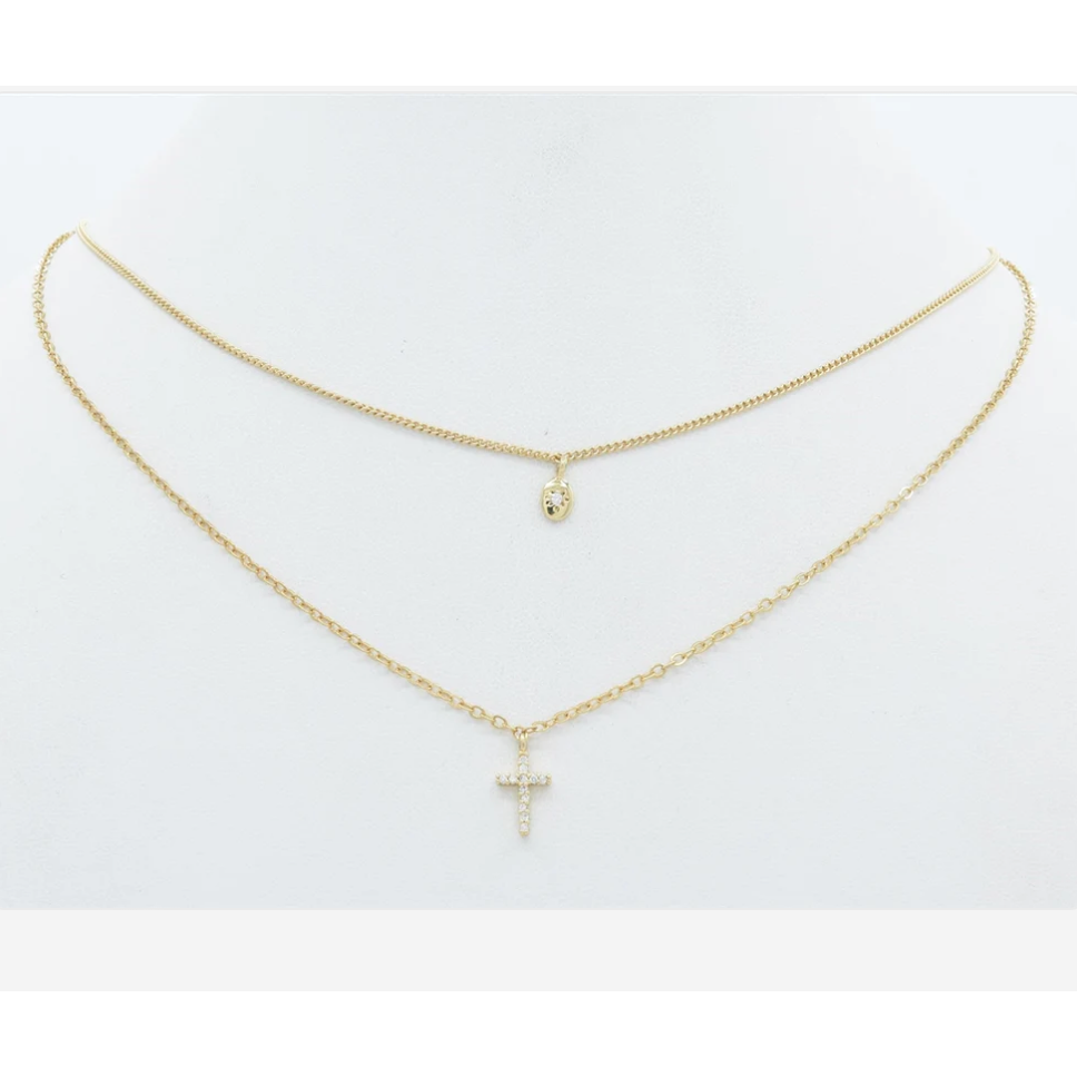 Two Layer Rhinestone Cross and Gold Chain 16"-18" Necklace