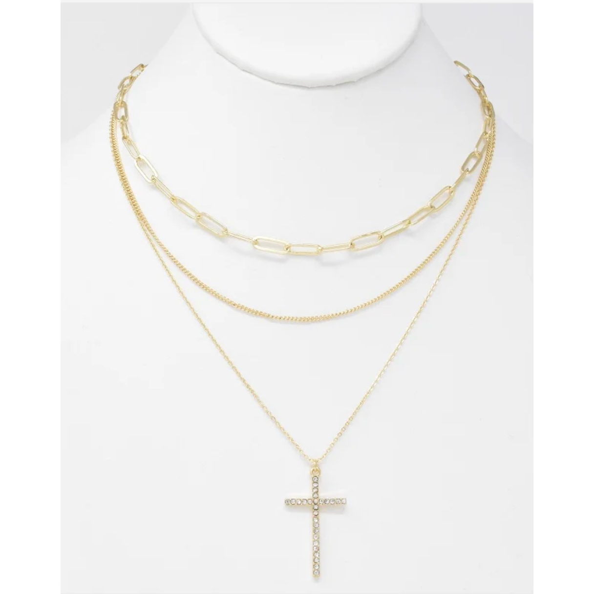 Gold Triple Layer with Rhinestone Cross 16"-18" Necklace